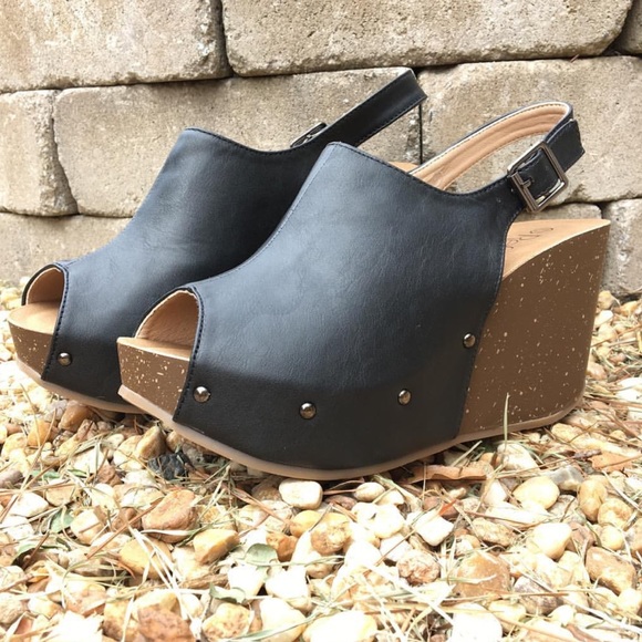 Shoes - Black Vegan Leather Wedges